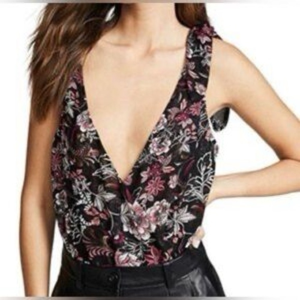 Misa Los Angeles-Floral Black and Pink Women's Bodysuit